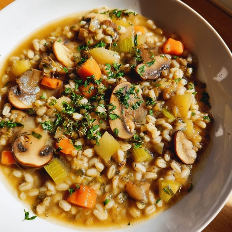 Ugrzany gulasz jęczmienny i grzybowy, idealny na zimne wieczory przy stole.  