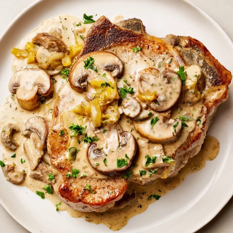 Błyszczące, złote kotlety wieprzowe w gęstej, aromatycznej sosie grzybowym.  
