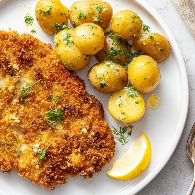 Nieodparta uczta: chrupiący kurczak z delikatnymi, koperkowymi ziemniakami obok.