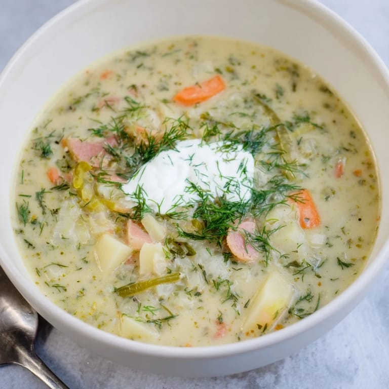 Tradycyjna zupa ogórkowa z kremową konsystencją i świeżymi ziołami na wierzchu.  