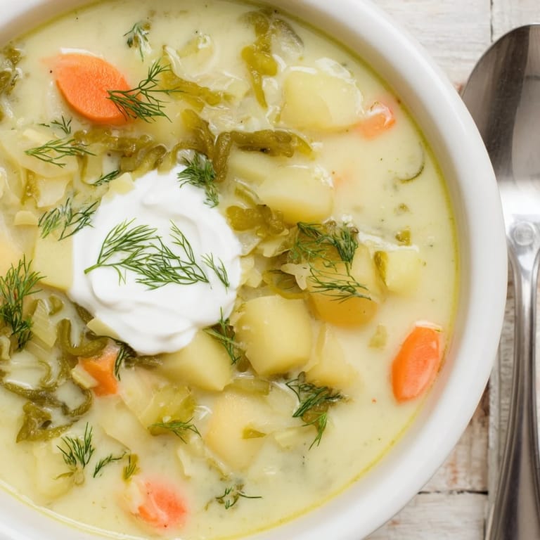 Aromatyczna polska zupa ogórkowa podawana z chlebem żytni, idealna na każdy posiłek.