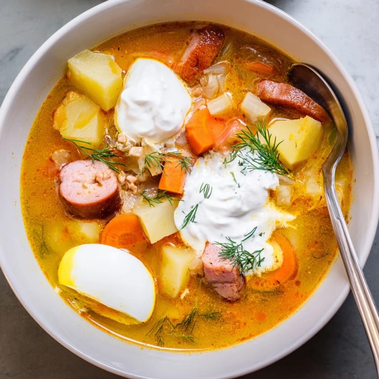 Aromatyczna zupa żurek z fermentowanej mąki żytniej, idealna na chłodne dni.