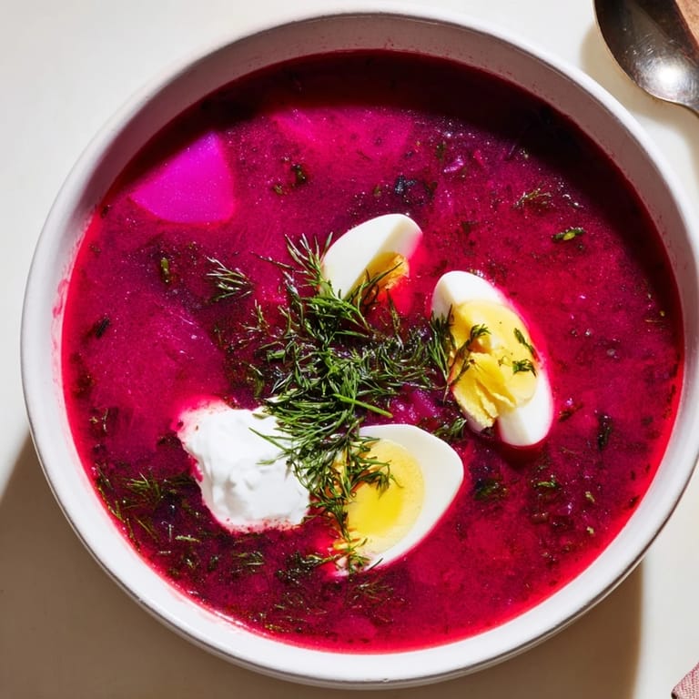 Zupa barszcz z buraków i chrzanu, podawana z koperkiem i kwaśną śmietaną.  