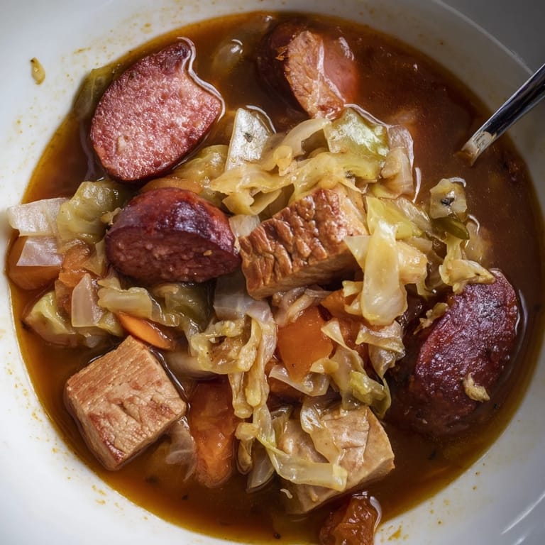 Pożywna zupa myśliwska serwowana z chlebem żytnim na chłodne dni.  