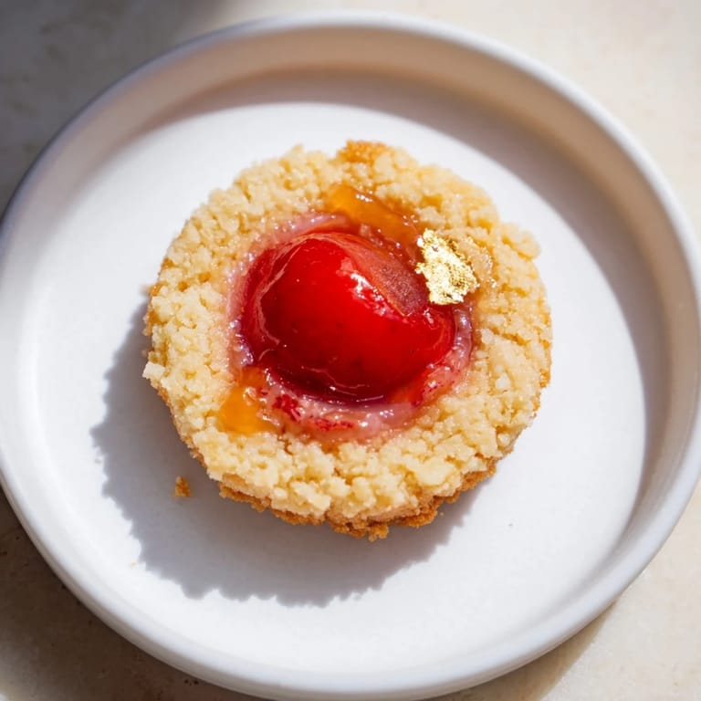 Freshly baked mini honey-cherry shortbreads, with sweet cherry halves and drizzled honey—a beautiful snack.