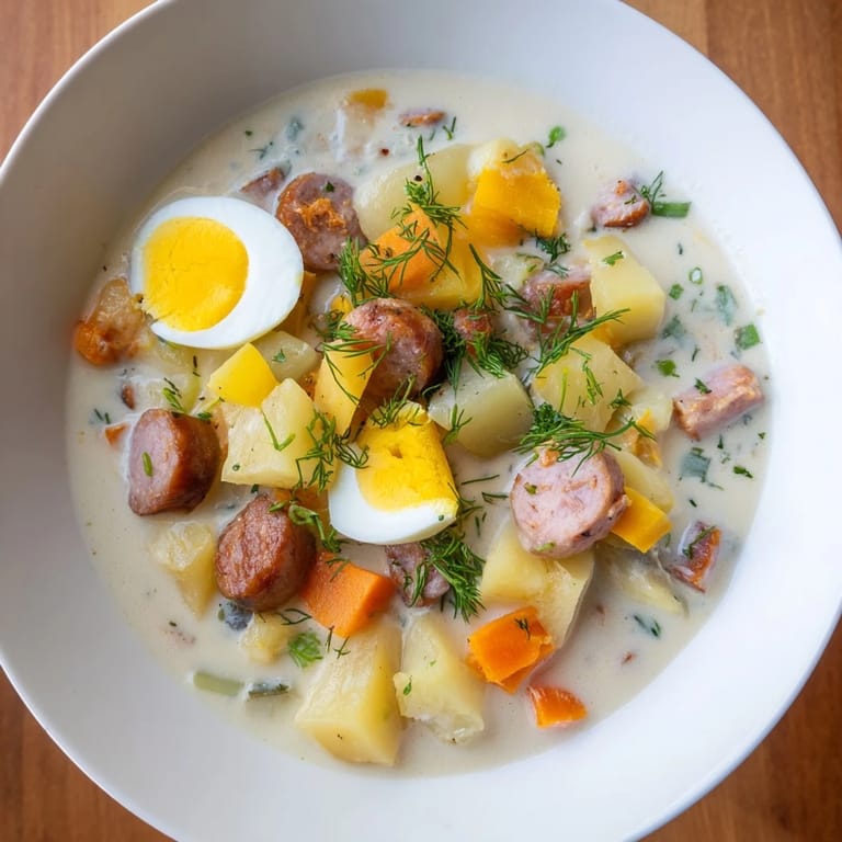 Creamy, tangy Modern Żurek soup, served alongside thick slices of toasted rye bread.