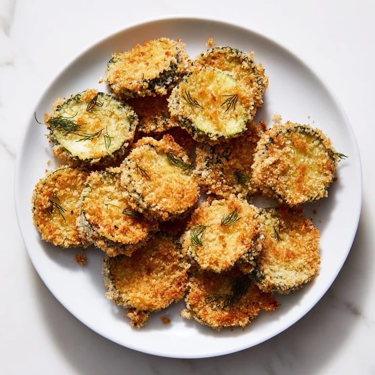 Bliskie ujęcie smażonych ogórków z koprem i panko, ukazujące idealną chrupkość na talerzu.