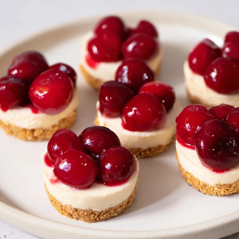 Chłodne i kremowe mini serniczki z wiśniami, na maślanej podstawie herbatnikowej, idealne na deser.