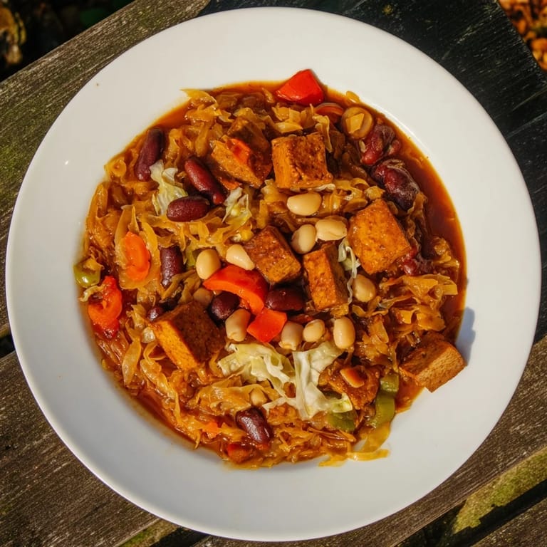 A big bowl of flavorful Vegan Bigos, Polish hunters stew, garnished for serving.