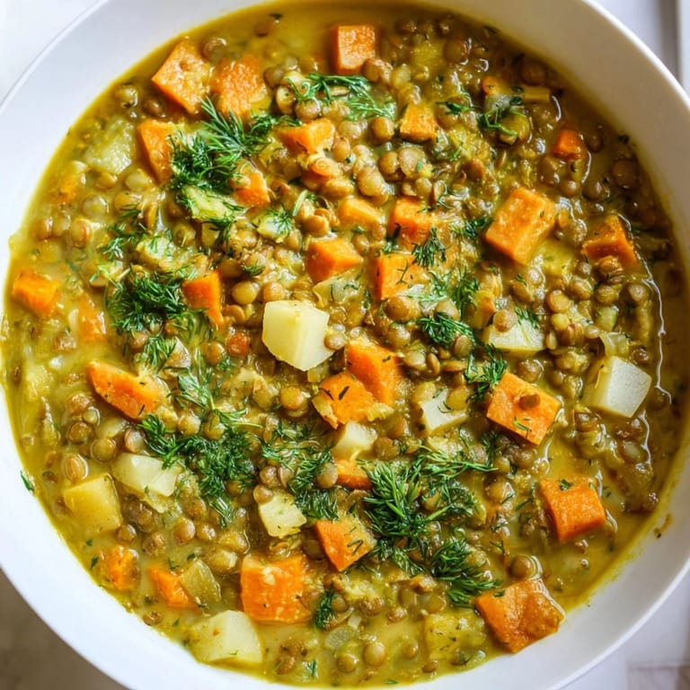 Creamy and aromatic: Polish-Style Lentil Soup, spiced with curry, ready for a comforting, vegetarian meal.