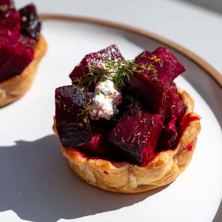 Apetyczna tarta z burakami i kozim serem, zrumieniona i gotowa do podania na talerzu.