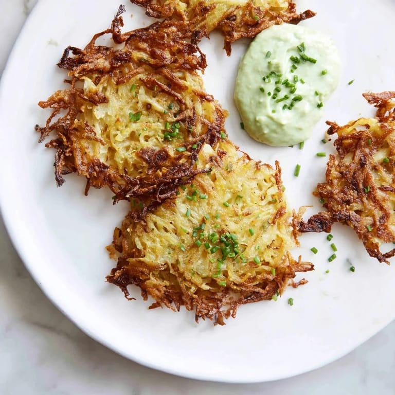 Close-up of potato pancakes ready to eat, complemented by zesty wasabi-avocado dip.