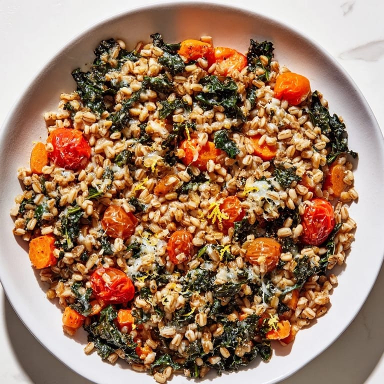 Apetyczny Barley and Kale Casserole z topionym serem i słonecznymi pomidorami, pachnący ziołami.