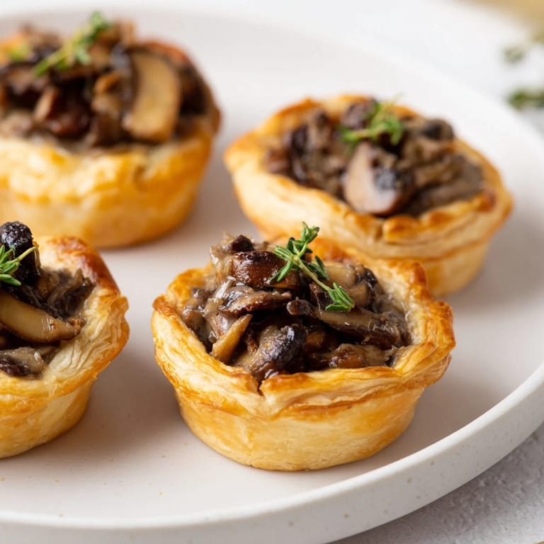 Savory Mushroom & Chestnut Pâté Tartlets, perfect for an appetizer, with flaky pastry shells.