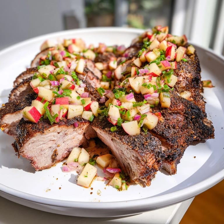 Fork-tender slow-roasted pork shoulder glistening, served with vibrant apple-chive chutney.