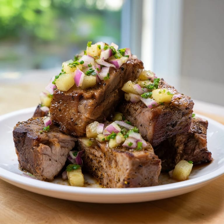 Close-up of slow-roasted pork shoulder with apple-chive chutney, a comforting family meal.
