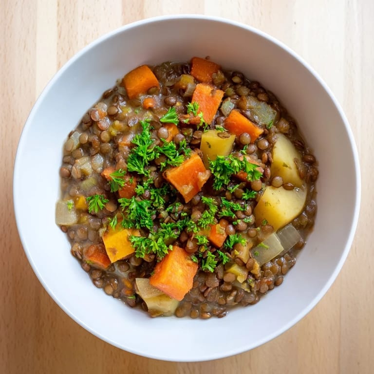 This rustic Warm Lentil Stew with Root Vegetables simmers with diced carrots and flavorful herbs, ready to serve.
