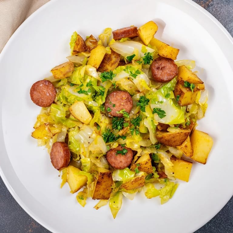 Sizzling Simple Potato & Cabbage Skillet, with browned kielbasa, herbs, and vibrant cabbage, steaming.