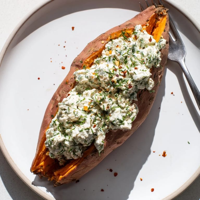 A close-up of a Baked Potato Stuffed with Cottage Cheese & Herbs, showcasing fresh herbs.