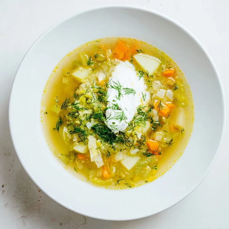 Steaming Polish pickle soup, a comforting vegetarian meal with potatoes and pickles.