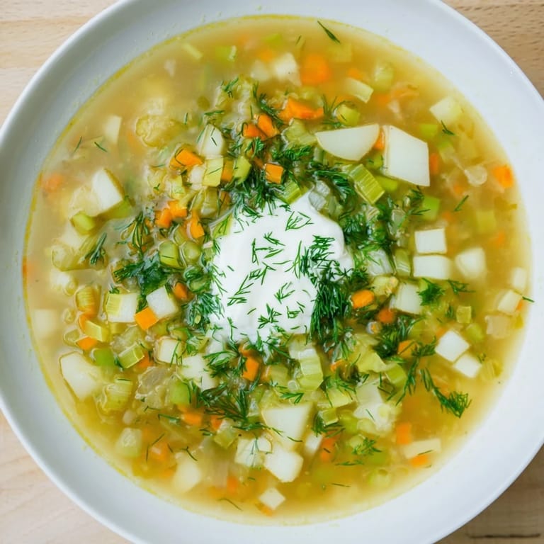 Close-up of a rustic bowl filled with tangy Polish pickle soup, ready to be enjoyed.