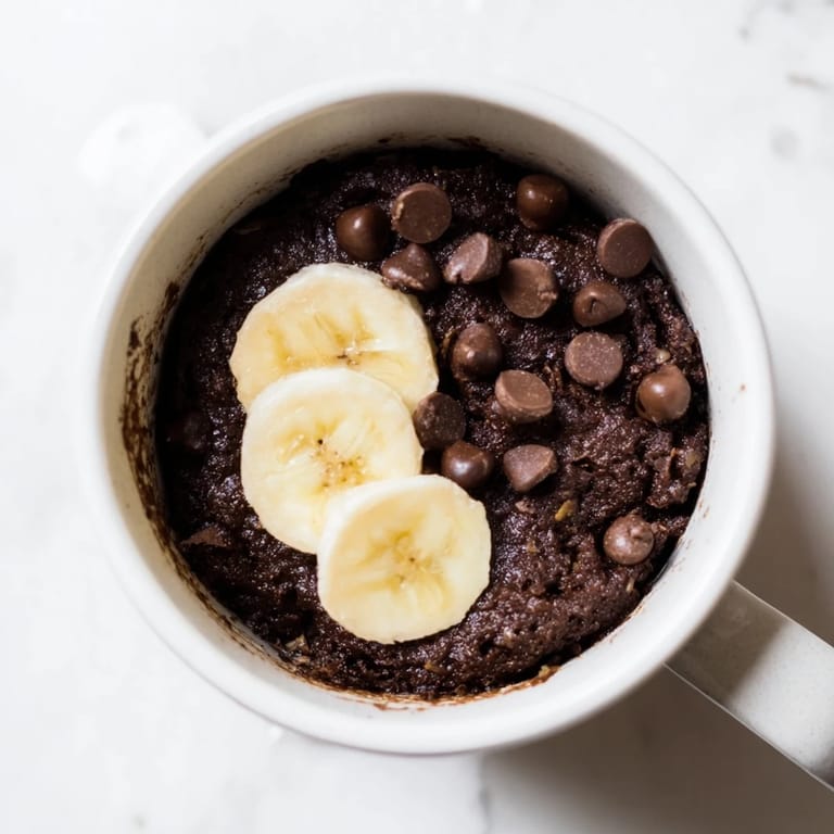 A single-serving Chocolate Banana Mug Cake: moist, chocolatey, and topped with banana slices, perfect dessert.