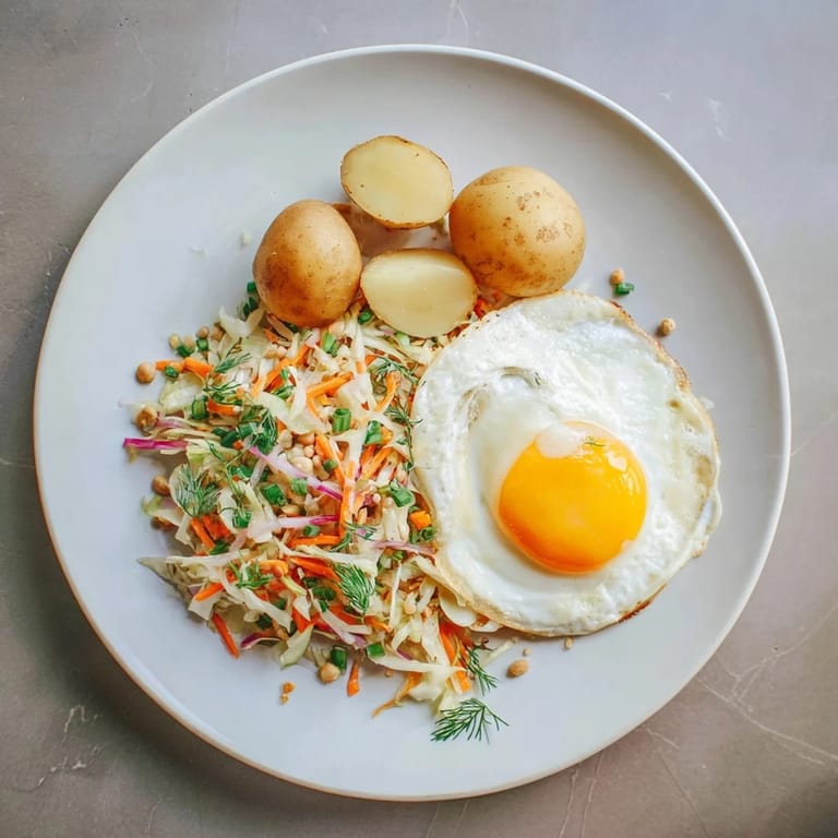 Enjoy a close-up of Polish-style cabbage salad, a complete meal with potatoes and egg.