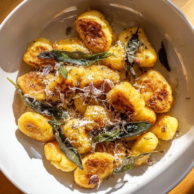 Aromatyczne smażone gnocchi w maśle z szałwią, z posypką z parmezanu, idealne na szybki obiad.