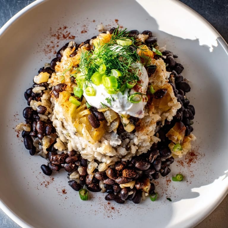 Close-up of a vibrant rice & beans burrito bowl with creamy potato filling and fresh dill sprinkles.