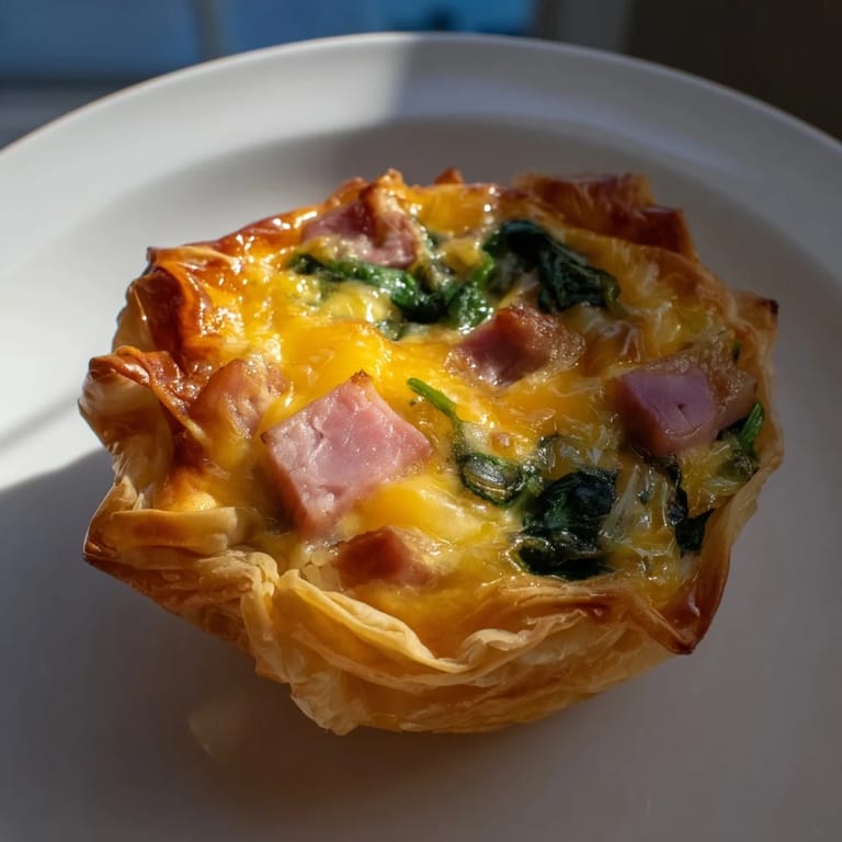 These delightful Mini Ham, Cheese & Spinach Quiches show off the delicious, melty cheese filling.
