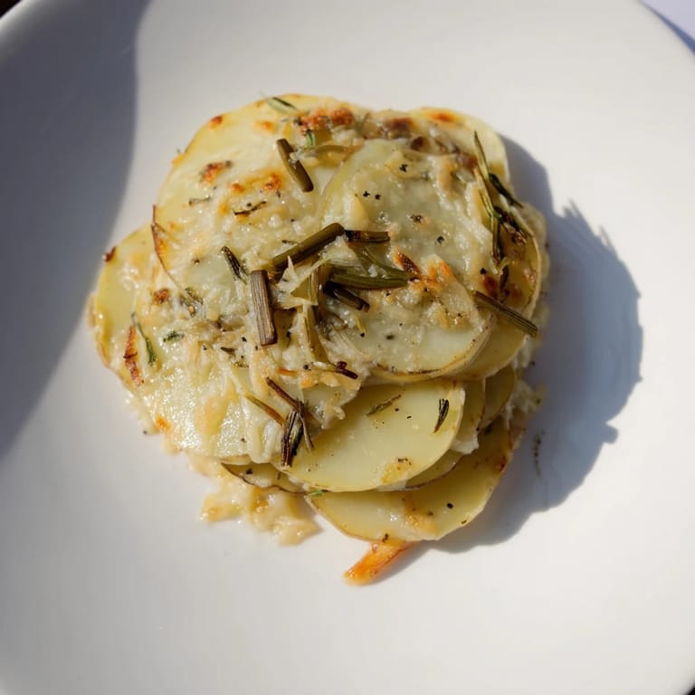 A bubbling potato gratin with leeks, showcasing layers of tender potatoes and savory cheese.