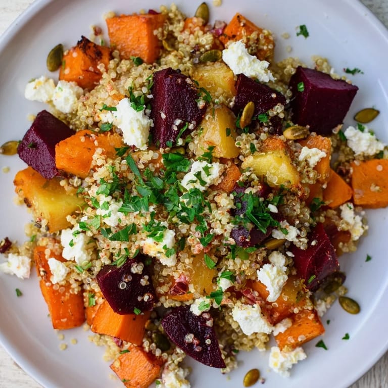 Imagine the textures: steaming Warm Quinoa and Roasted Root Vegetable Salad with feta and nuts.