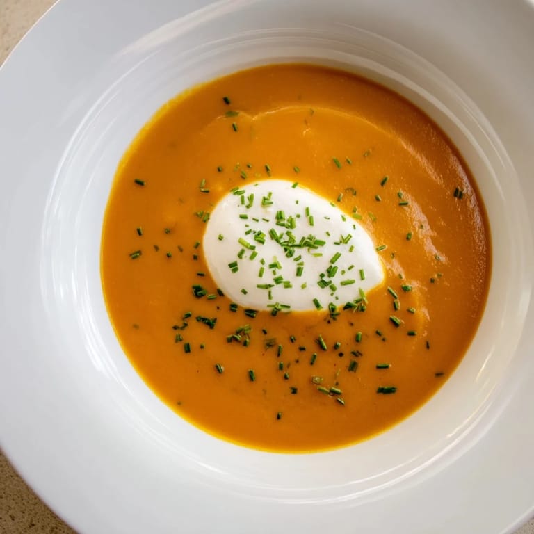 Hearty pumpkin soup with visible herbs and a swirl of sour cream, perfect for fall.