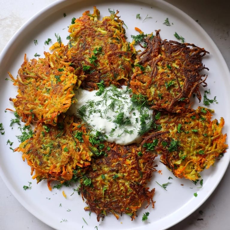 Apetyczne placuszki warzywne polane sosem jogurtowym, doskonałe jako przekąska, wprost ze smażenia.
