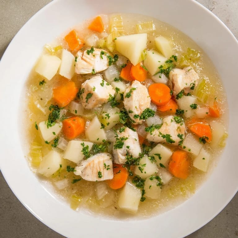 Apetyczny widok fish stew: obfite kawałki ryby z warzywami pływające w aromatycznym bulionie.