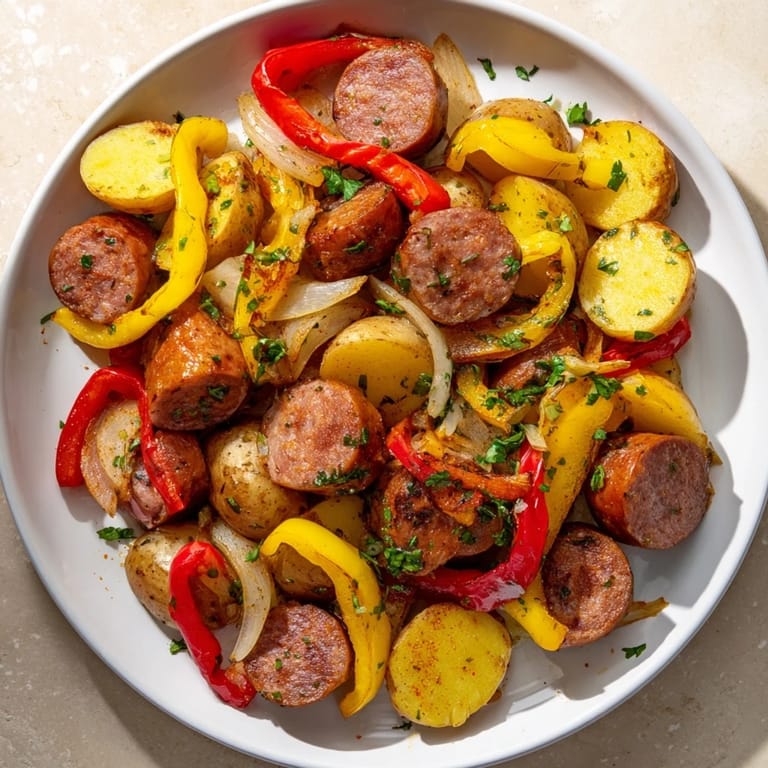 Smoky Polish sausage mingling with tender potatoes and vibrant bell peppers in a delicious skillet meal.