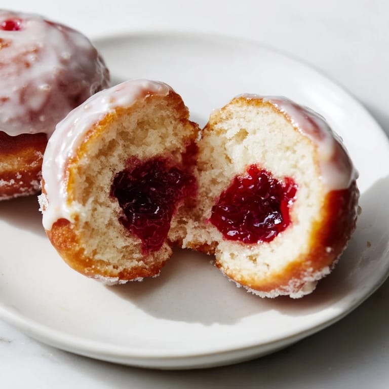 Close-up of freshly fried Cherry-Coded PączkiHoles shows their light texture and tasty filling.