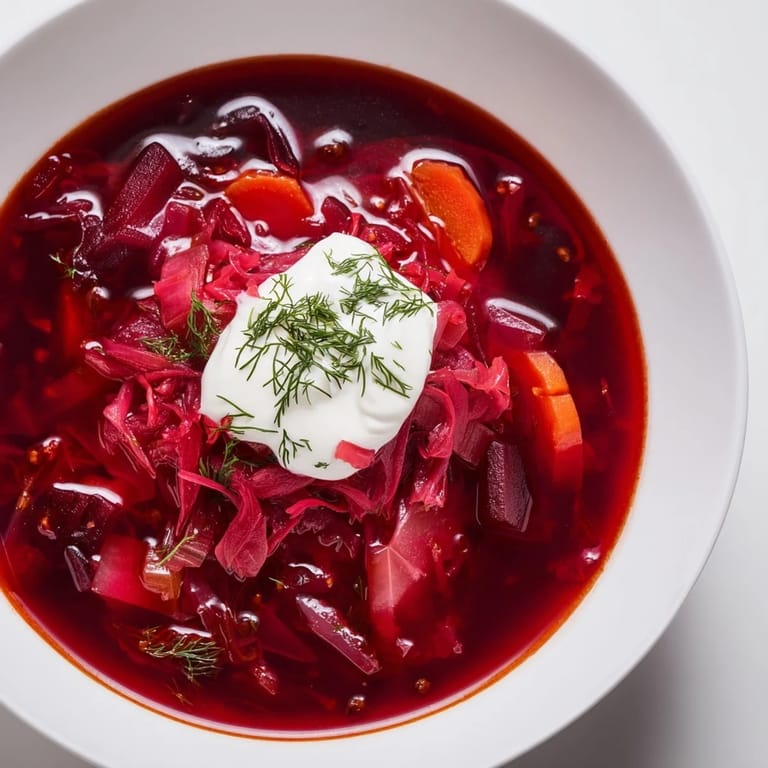 Vibrant bowl of Effortless Polish Red Borscht, garnished with fresh dill, ready to eat.