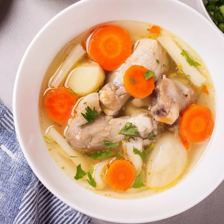 Traditional Polish Rosół soup in a bowl, garnished with parsley; perfect on a chilly day.