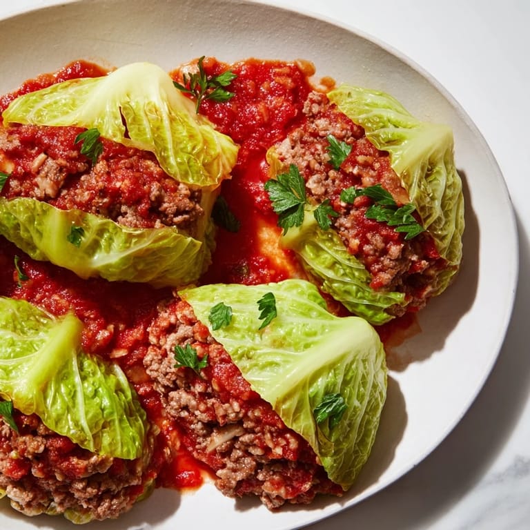 Steaming Simple Gołąbki, a close-up showing the tender cabbage rolls in rich sauce.
