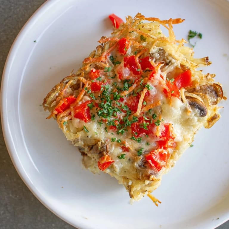 This Polish-inspired Hearty Potato Crust Casserole sizzles with bubbly cheese and flavorful vegetables in a dish.