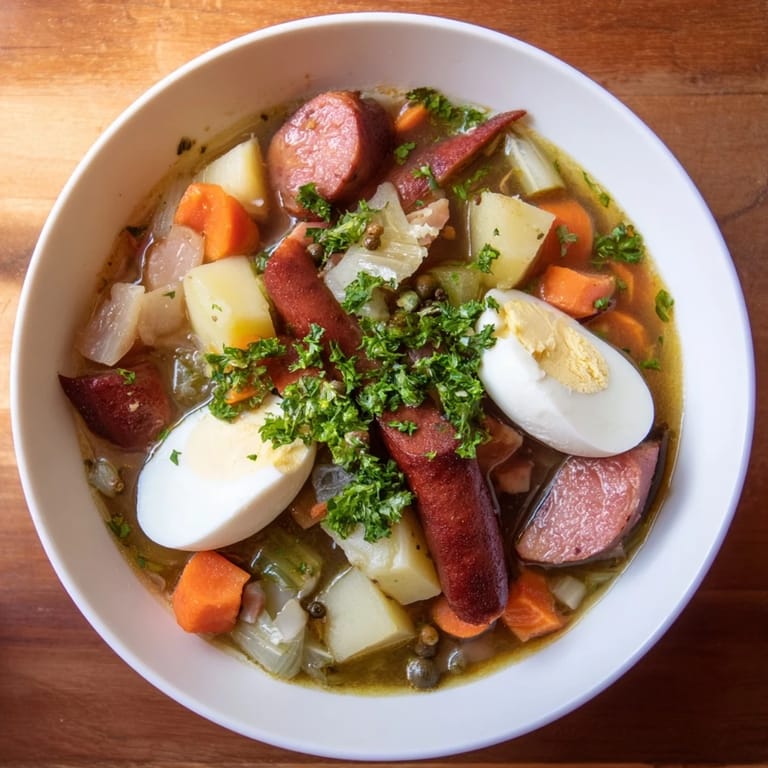 Hearty Polish Żurek soup, rich with smoked meats and vegetables, served with fresh parsley.