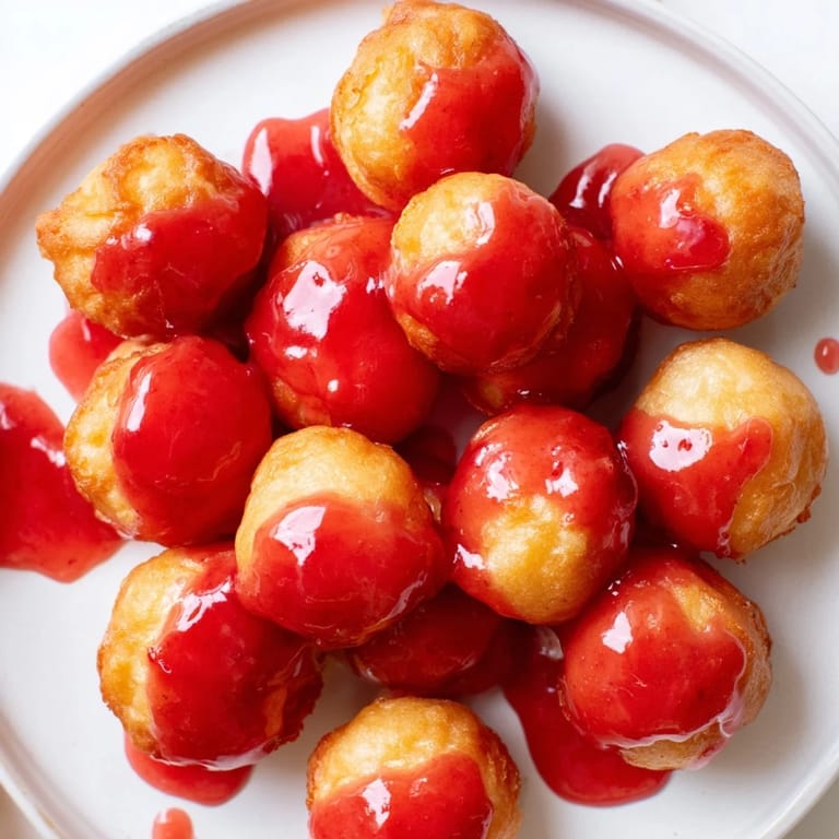 Imagine the sweet cherry glaze dripping over these warm, fluffy Polish Mini Pączki Holes.
