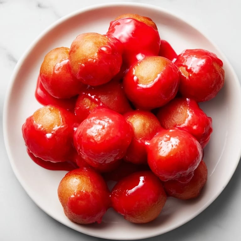 Perfectly round mini Pączki Holes, coated in a bright cherry glaze, ready to be enjoyed.