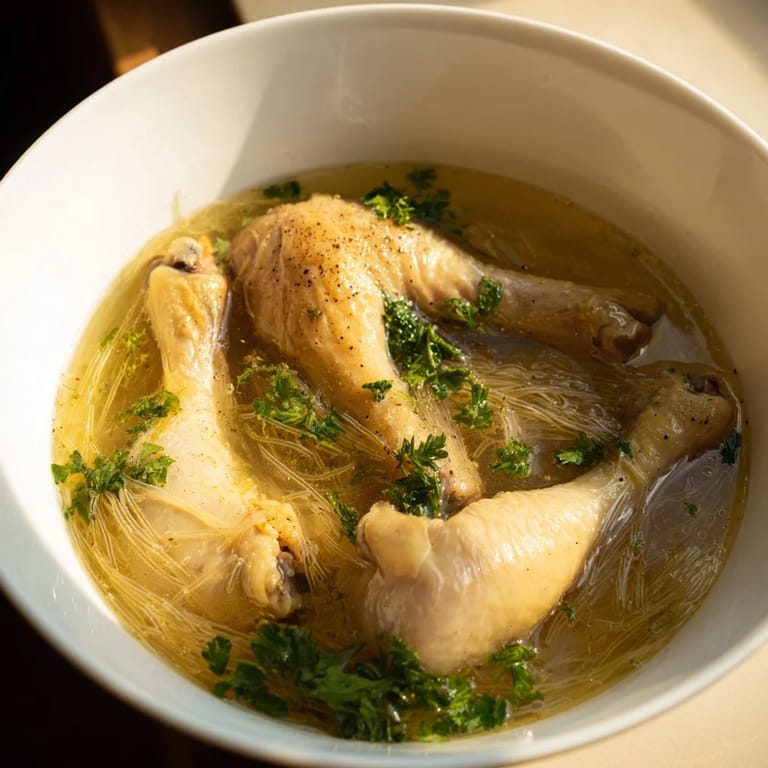 Golden, clear broth of Rosół alongside egg noodles, a comforting Polish chicken soup picture.
