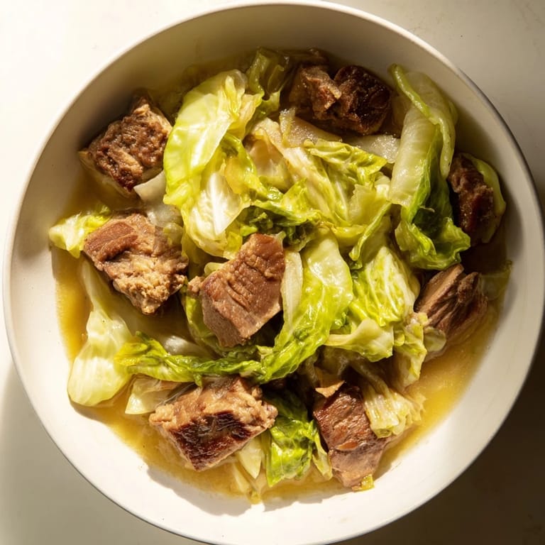 Gotowy gulasz z kapusty i wieprzowiny, z soczystym mięsem i dymnym aromatem w gotującej się misce.