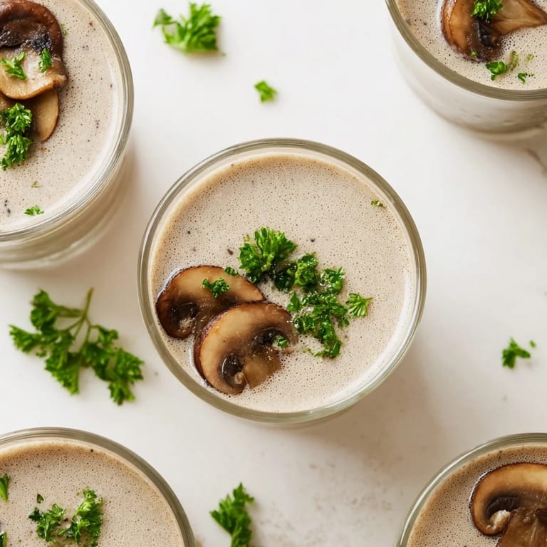 A close up shows the rich, smooth texture of the Express Polish Mushroom Soup served in small shot glasses.