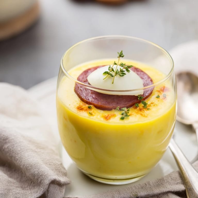 A close-up of delicious Żurek shots with kielbasa and egg, ready for serving.