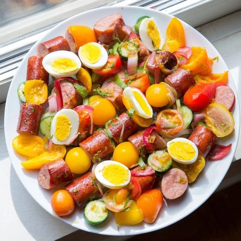 Vibrant Lightened Kielbasa Appetizer Skewers, showcasing grilled kielbasa and colorful vegetables, perfect for sharing.