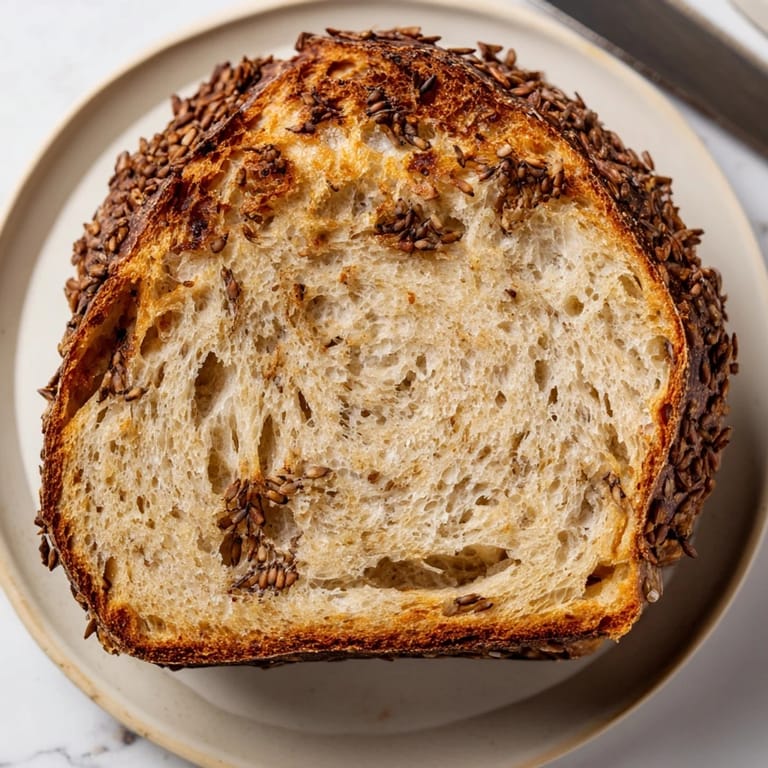 Delicious Budget Polish Caraway Seed Bread, with visible caraway seeds, waiting to be slathered in butter.